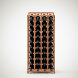 Wooden wine rack with black bottles on a white background