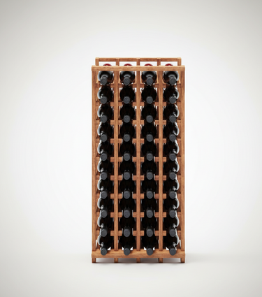 Wooden wine rack with black bottles on a white background