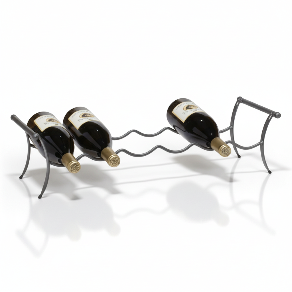 Wine rack holding three bottles on a white background