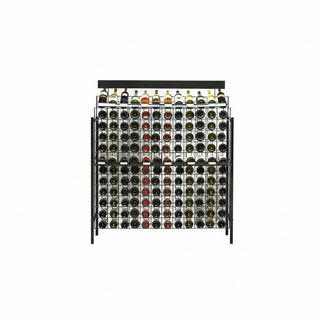 Wine rack with multiple bottles on a white background