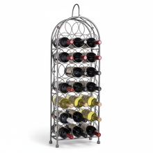 Metal wine rack holding multiple bottles of wine on a white background