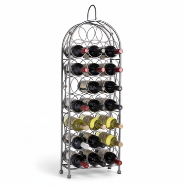 Metal wine rack holding multiple bottles of wine on a white background