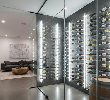 Modern wine cellar with glass walls and illuminated wine bottles.