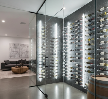 Modern wine cellar with glass walls and illuminated wine bottles.