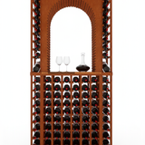 Wooden wine rack with bottles and glasses on a white background