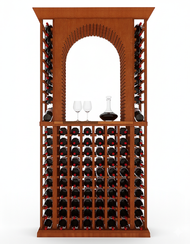 Wooden wine rack with bottles and glasses on a white background