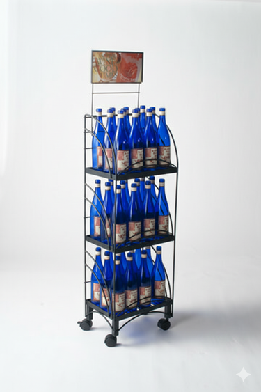 Metal display rack with blue bottles on a white background