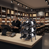 Wine store interior with a staff member using a tablet and wine rack on a counter.