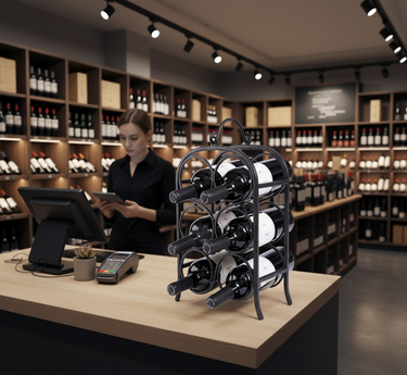 Wine store interior with a staff member using a tablet and wine rack on a counter.