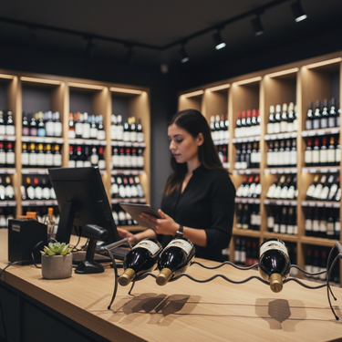 Woman working at a wine store counter with shelves of wine bottles in the background.