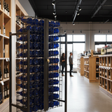 Wine store interior with wine racks and shelves.