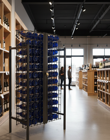 Wine store interior with wine racks and shelves.