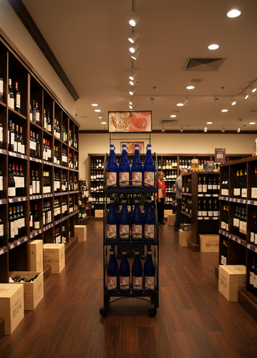 Wine store interior with shelves stocked with bottles and a display rack.