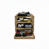 Wooden wine rack with multiple bottles on a white background