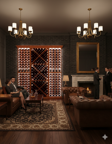 Luxury living room with wine rack, chandeliers, and people in formal attire.