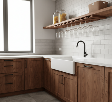 Modern kitchen with wooden cabinets, white countertop, and glass shelves.