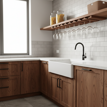 Modern kitchen with wooden cabinets, white countertop, and glass shelves.