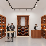 Modern wine cellar with wooden racks and people interacting.