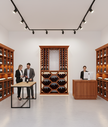 Modern wine cellar with wooden racks and people interacting.