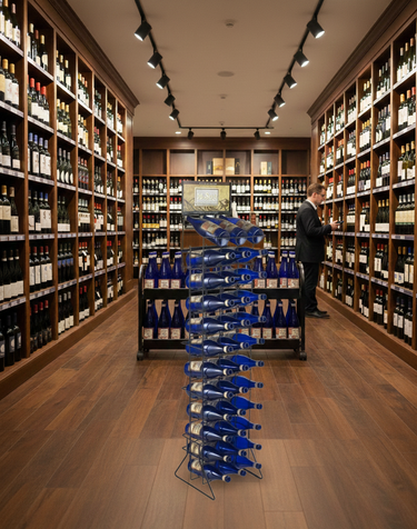 Wine cellar with shelves stocked with bottles and a person inspecting them.