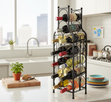 Wine rack with bottles on a kitchen counter