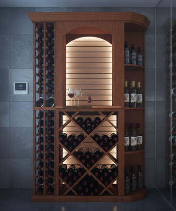 Wooden wine rack with illuminated interior against a gray tiled wall.