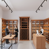 Wine cellar with wooden shelves and people interacting, modern interior design.