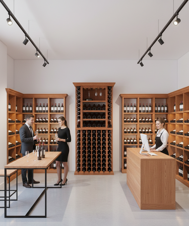 Wine cellar with wooden shelves and people interacting, modern interior design.