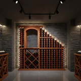 Wine cellar with wooden wine rack against a stone wall