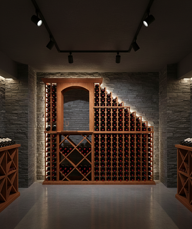 Wine cellar with wooden wine rack against a stone wall