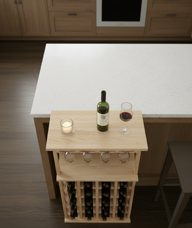 Wooden wine rack with bottles and glasses on a kitchen island.
