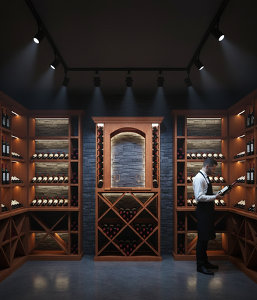 Man in a wine cellar examining bottles