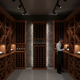 Man in a wine cellar with wooden shelves and stone wall.