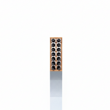 Wooden wine rack with multiple bottles on a white background