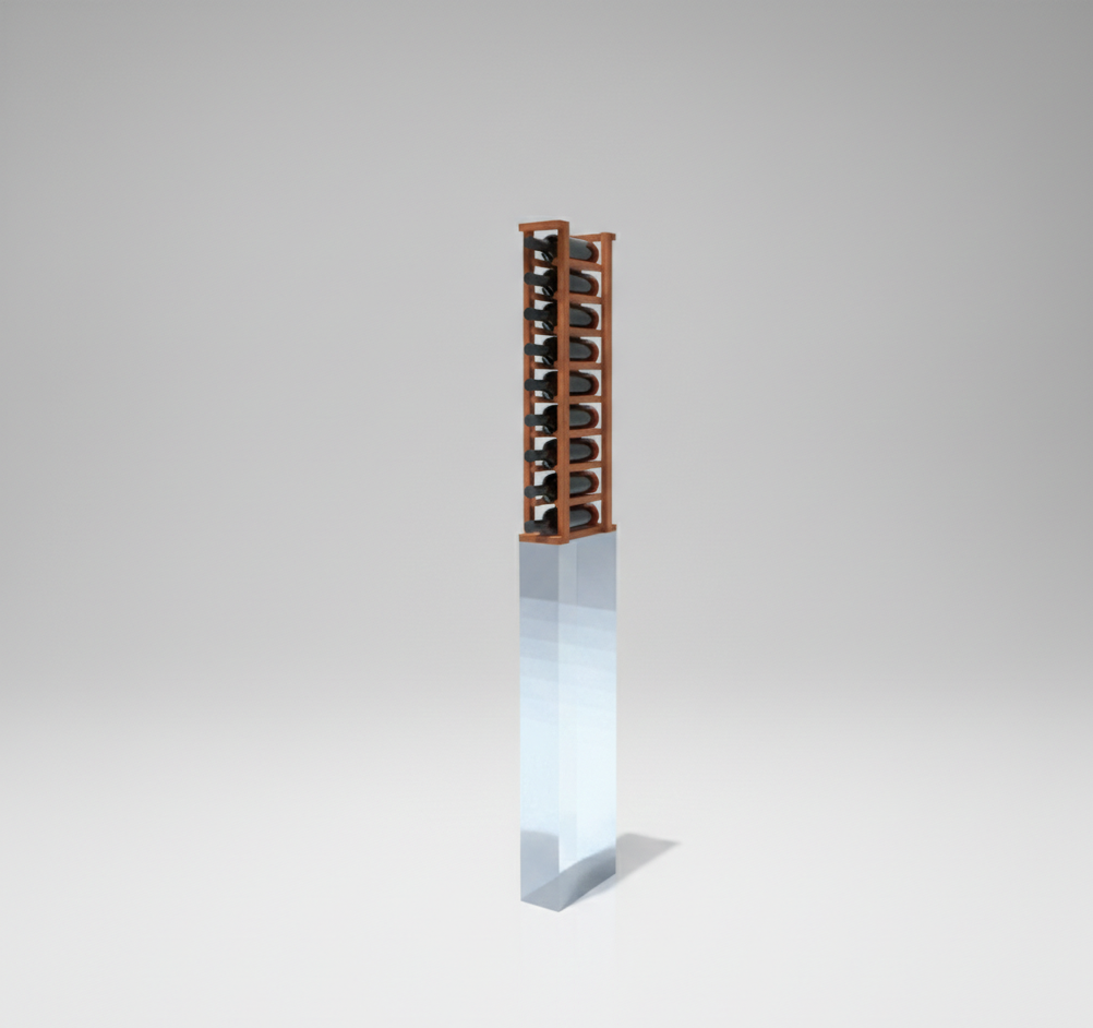 Tall wooden wine rack on a reflective gray platform with a light gray background