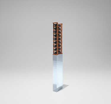 Tall wooden wine rack on a reflective gray platform with a light gray background