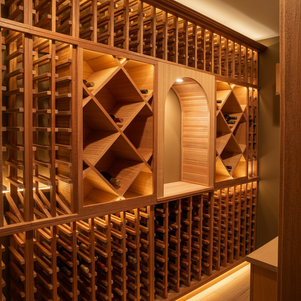Wooden wine rack system with bottles in a well-lit room