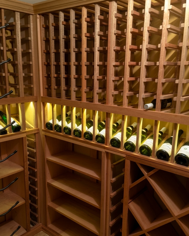 Wooden wine cellar with shelves filled with wine bottles.