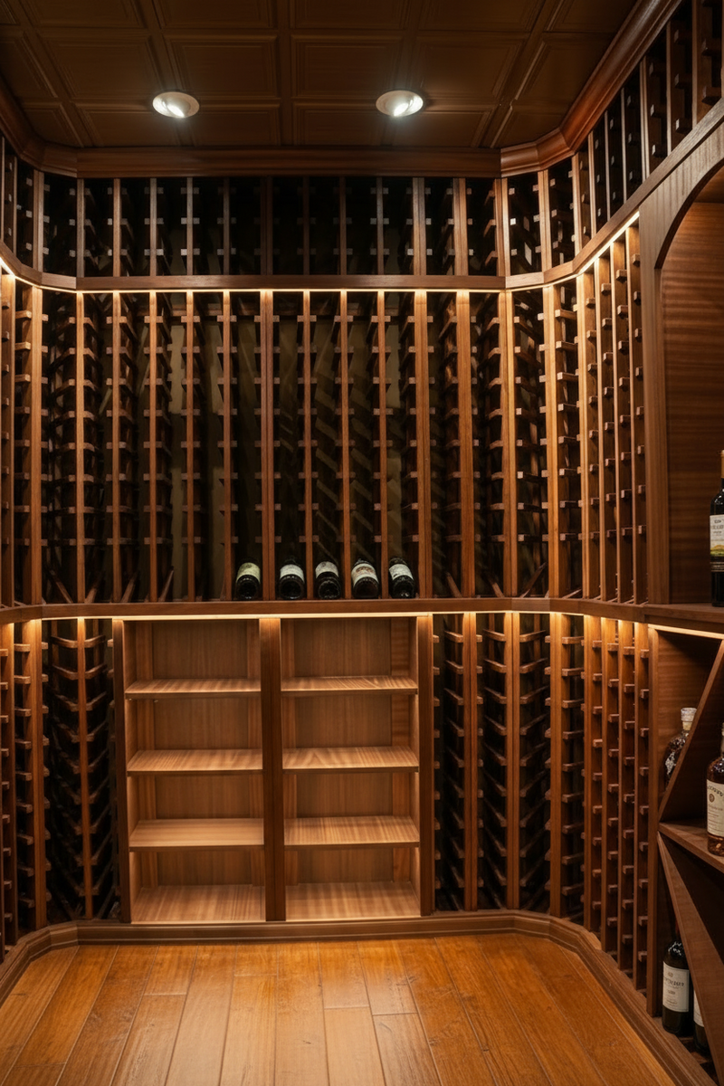 Wooden wine cellar with shelves and bottles
