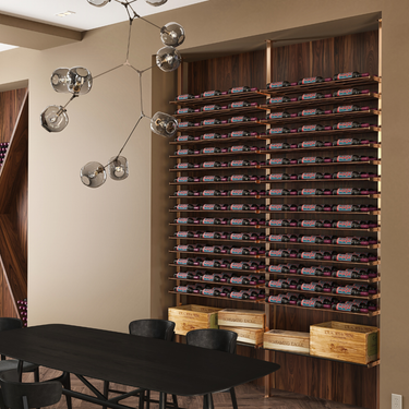 Evolution Low Profile Post Shelf Combo Kit 10 3 Bottles Deep in Golden Bronze in a dining room