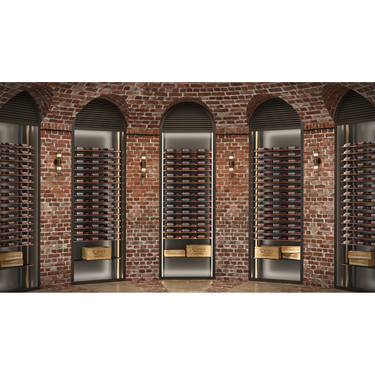 Evolution Low Profile Post Shelf Combo Kit 10 3 Bottles Deep in Golden Bronze and Cool Gray in a Wine Cellar Display