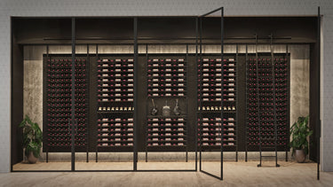 Enclosed Glass Cellar with Evolution Low Profile Post Combo Kits  3 Column in Matte Black and Chrome