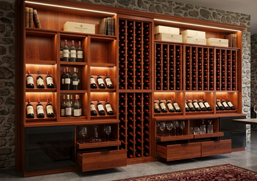 Wooden wine cellar with shelves and bottles against a stone wall.