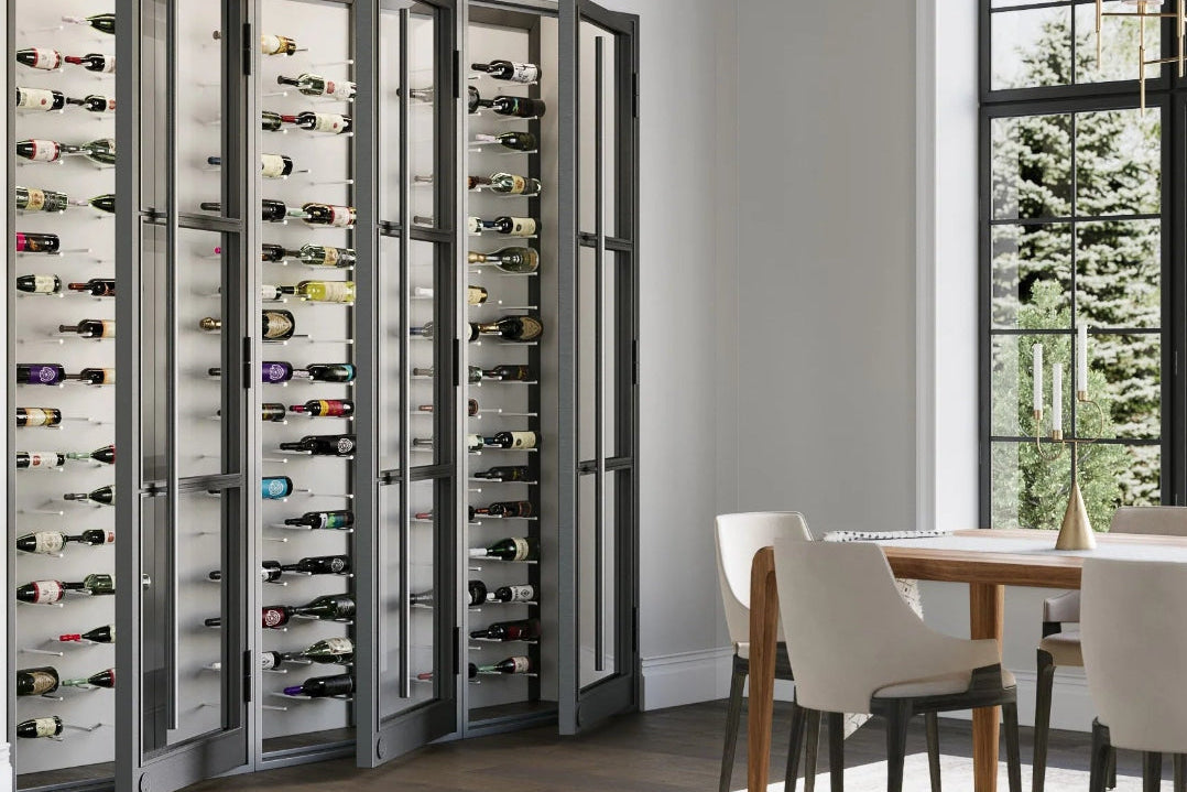 Modern glass wine wall display with LED lighting showcasing wine collection