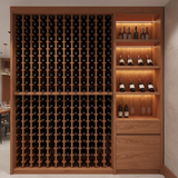 Wooden wine rack with bottles inside, illuminated shelves on the right.
