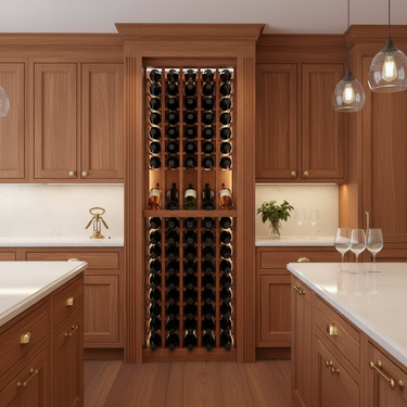 Wooden wine rack in a kitchen with bottles neatly arranged.