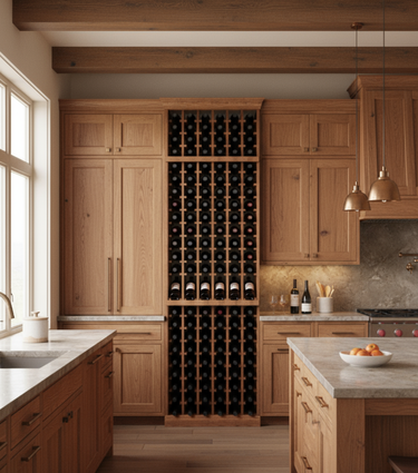 Wooden kitchen with wine rack and countertop