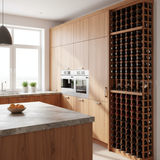 Modern kitchen with wooden cabinets, a wine rack, and a window.