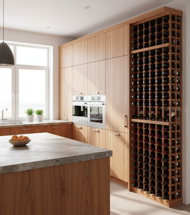 Modern kitchen with wooden cabinets, a wine rack, and a window.