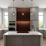 Modern kitchen with wine rack, oven, and refrigerator.